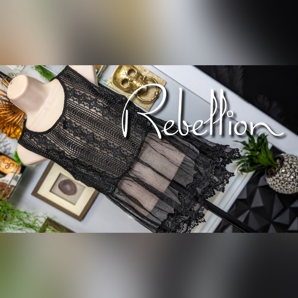 Rebellion Black Lace Sheer Tank Top Blouse LG
